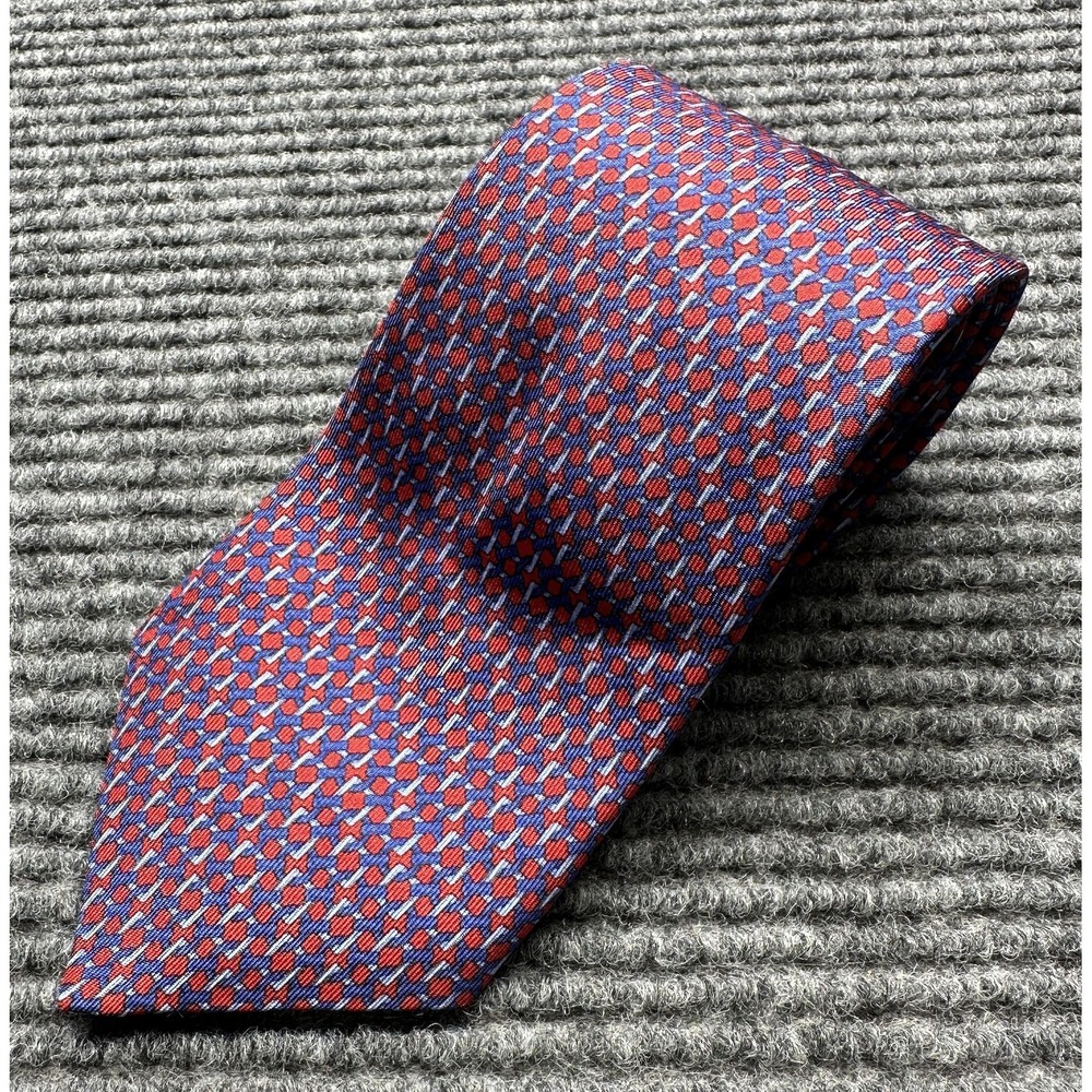 Saks Fifth Avenue Tie Mens Red Blue Geometric 100% Silk Made in Italy Necktie